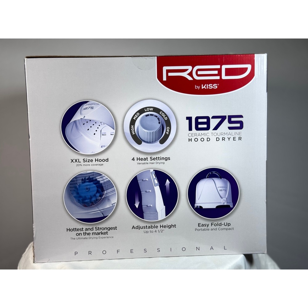 Red by Kiss 1875 Ceramic Tourmaline Hood Dryer Professional XXL Hood BD02 White